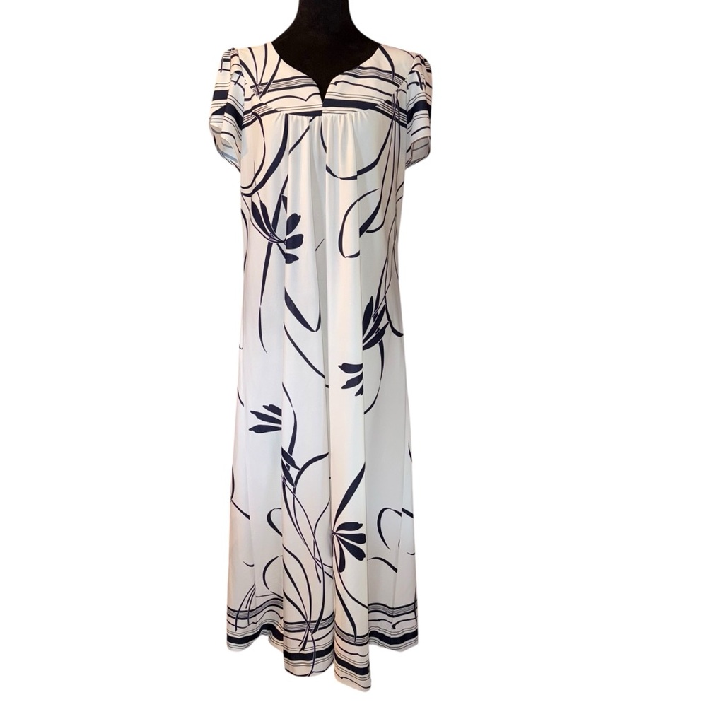 Vtg Tropicana Hawaii Mumu Maxi Dress Gown Navy Blue & White Back Zipper Read